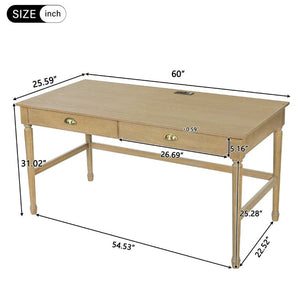 English Elm 60 Inch Writing Desk with Built-In Power Station Rubberwood Legs and Two Storage Drawers Natural N763P465399N