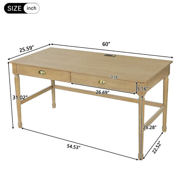 English Elm 60 Inch Writing Desk with Built-In Power Station Rubberwood Legs and Two Storage Drawers Natural N763P465399N