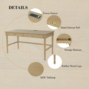English Elm 60 Inch Writing Desk with Built-In Power Station Rubberwood Legs and Two Storage Drawers Natural N763P465399N