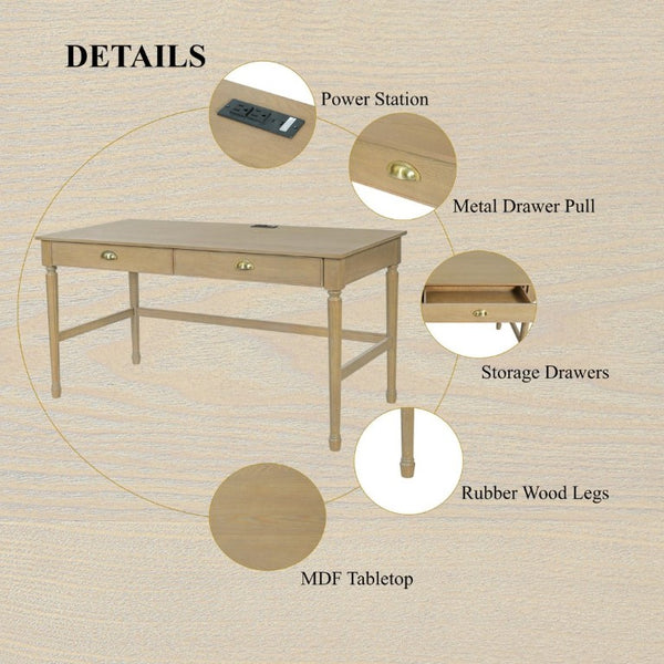 English Elm 60 Inch Writing Desk with Built-In Power Station Rubberwood Legs and Two Storage Drawers Natural N763P465399N