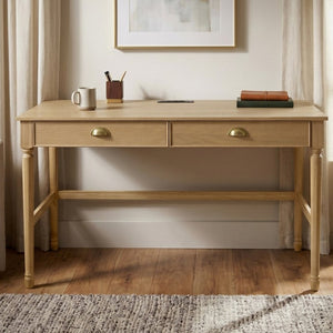 English Elm 60 Inch Writing Desk with Built-In Power Station Rubberwood Legs and Two Storage Drawers Natural N763P465399N
