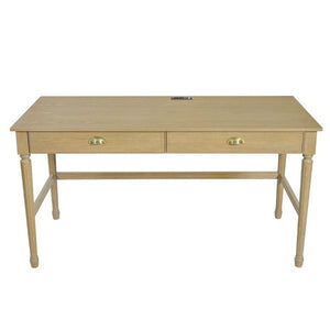 English Elm 60 Inch Writing Desk with Built-In Power Station Rubberwood Legs and Two Storage Drawers Natural N763P465399N