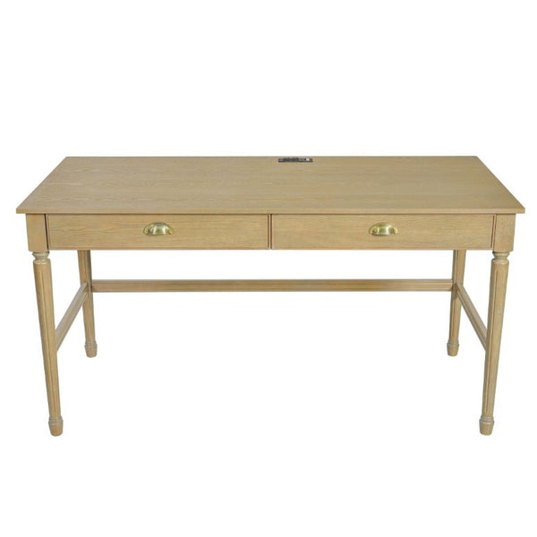 English Elm 60 Inch Writing Desk with Built-In Power Station Rubberwood Legs and Two Storage Drawers Natural N763P465399N