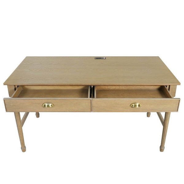 English Elm 60 Inch Writing Desk with Built-In Power Station Rubberwood Legs and Two Storage Drawers Natural N763P465399N