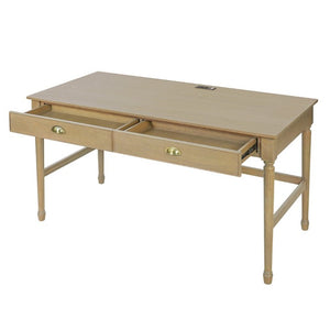 English Elm 60 Inch Writing Desk with Built-In Power Station Rubberwood Legs and Two Storage Drawers Natural N763P465399N