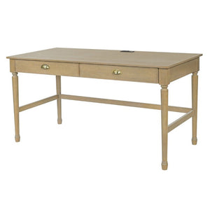 English Elm 60 Inch Writing Desk with Built-In Power Station Rubberwood Legs and Two Storage Drawers Natural N763P465399N
