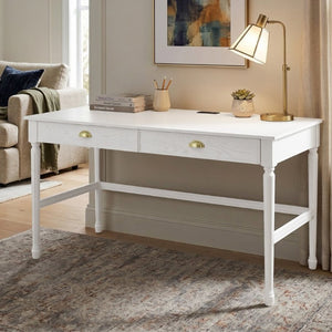 English Elm 60 Inch Writing Desk with Built-In Power Station Rubberwood Legs and Two Storage Drawers White N763P465399Z