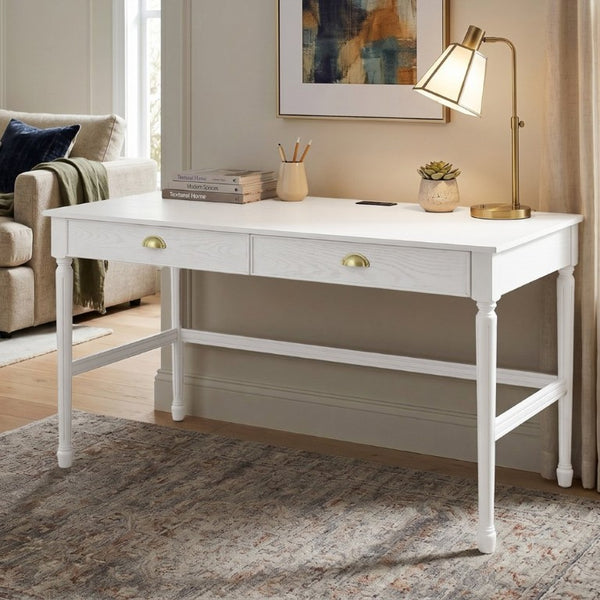 English Elm 60 Inch Writing Desk with Built-In Power Station Rubberwood Legs and Two Storage Drawers White N763P465399Z