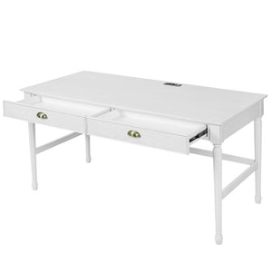 English Elm 60 Inch Writing Desk with Built-In Power Station Rubberwood Legs and Two Storage Drawers White N763P465399Z