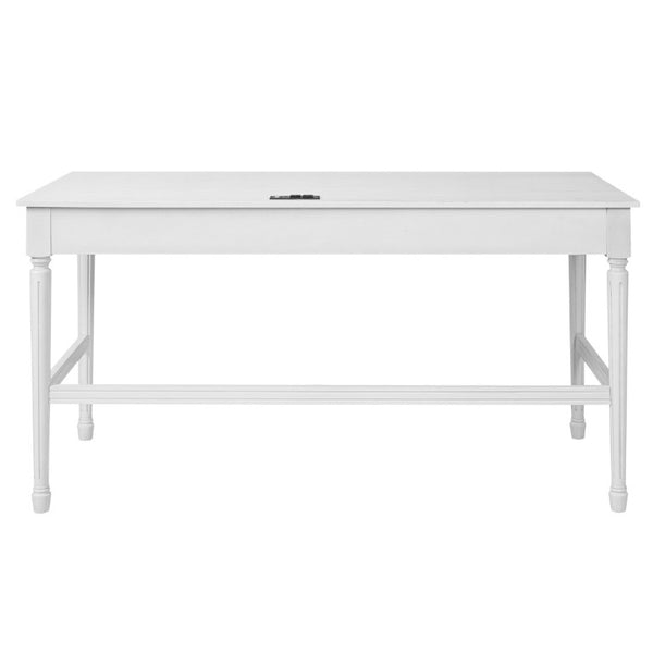 English Elm 60 Inch Writing Desk with Built-In Power Station Rubberwood Legs and Two Storage Drawers White N763P465399Z
