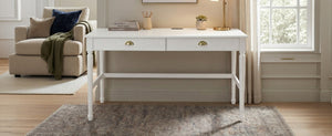 English Elm 60 Inch Writing Desk with Built-In Power Station Rubberwood Legs and Two Storage Drawers White N763P465399Z