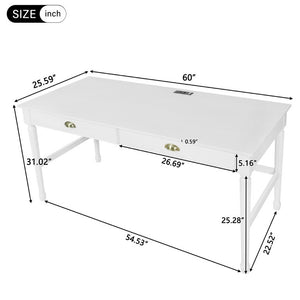 English Elm 60 Inch Writing Desk with Built-In Power Station Rubberwood Legs and Two Storage Drawers White N763P465399Z
