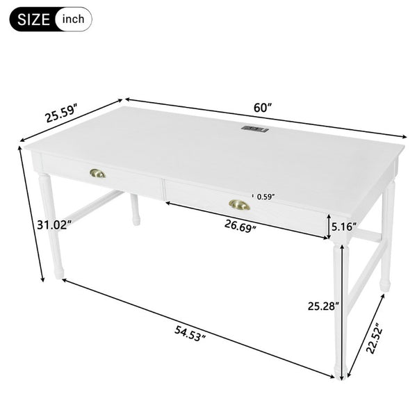 English Elm 60 Inch Writing Desk with Built-In Power Station Rubberwood Legs and Two Storage Drawers White N763P465399Z