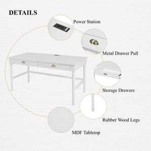 English Elm 60 Inch Writing Desk with Built-In Power Station Rubberwood Legs and Two Storage Drawers White N763P465399Z