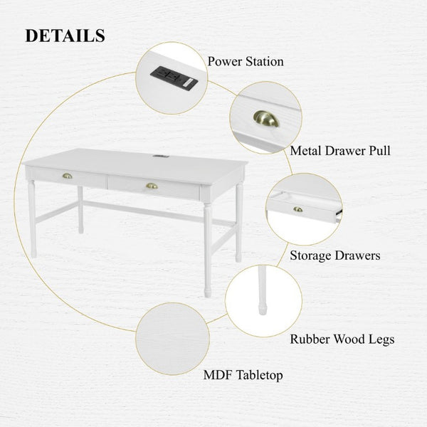 English Elm 60 Inch Writing Desk with Built-In Power Station Rubberwood Legs and Two Storage Drawers White N763P465399Z