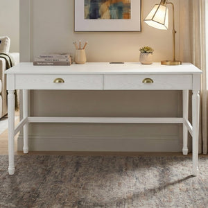 English Elm 60 Inch Writing Desk with Built-In Power Station Rubberwood Legs and Two Storage Drawers White N763P465399Z