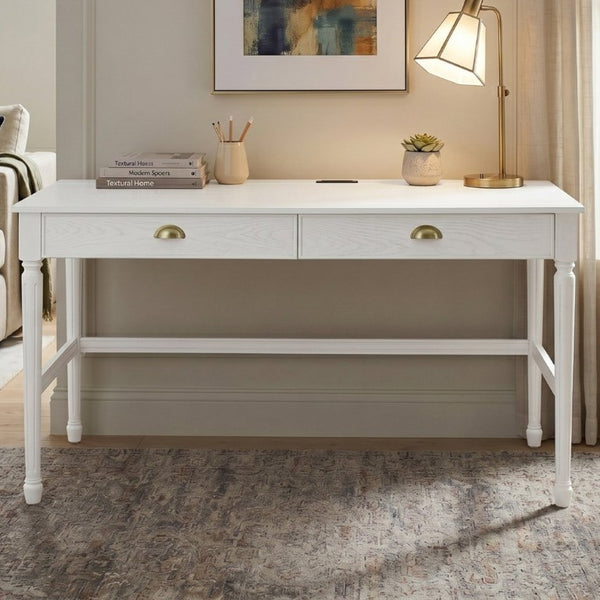 English Elm 60 Inch Writing Desk with Built-In Power Station Rubberwood Legs and Two Storage Drawers White N763P465399Z