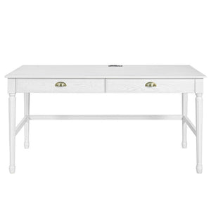 English Elm 60 Inch Writing Desk with Built-In Power Station Rubberwood Legs and Two Storage Drawers White N763P465399Z