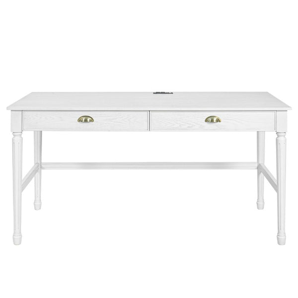 English Elm 60 Inch Writing Desk with Built-In Power Station Rubberwood Legs and Two Storage Drawers White N763P465399Z