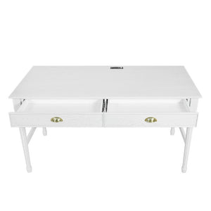 English Elm 60 Inch Writing Desk with Built-In Power Station Rubberwood Legs and Two Storage Drawers White N763P465399Z