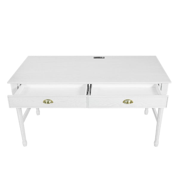 English Elm 60 Inch Writing Desk with Built-In Power Station Rubberwood Legs and Two Storage Drawers White N763P465399Z