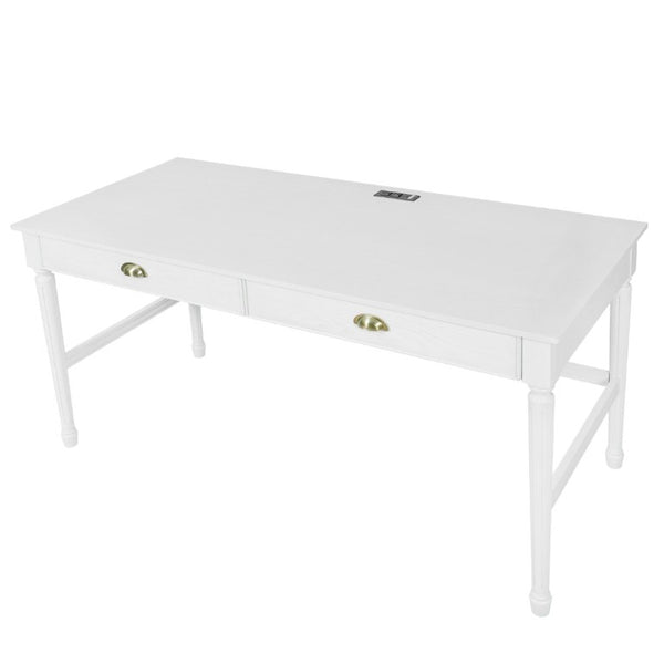 English Elm 60 Inch Writing Desk with Built-In Power Station Rubberwood Legs and Two Storage Drawers White N763P465399Z