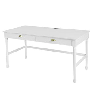 English Elm 60 Inch Writing Desk with Built-In Power Station Rubberwood Legs and Two Storage Drawers White N763P465399Z
