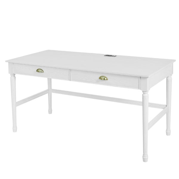 English Elm 60 Inch Writing Desk with Built-In Power Station Rubberwood Legs and Two Storage Drawers White N763P465399Z