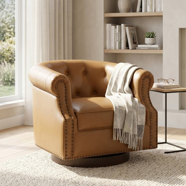 English Elm 360°Swivel Tufted PU Leather Barrel Club Chair with Bent Wood Base for Living Room Brown N763P468270D