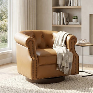 English Elm 360°Swivel Tufted PU Leather Barrel Club Chair with Bent Wood Base for Living Room Brown N763P468270D