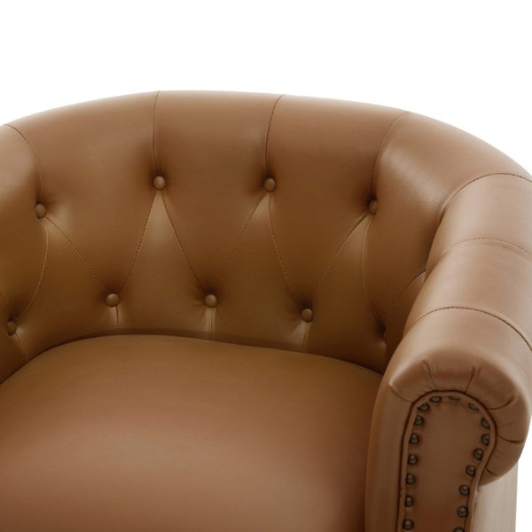 English Elm 360°Swivel Tufted PU Leather Barrel Club Chair with Bent Wood Base for Living Room Brown N763P468270D