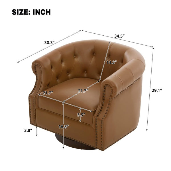 English Elm 360°Swivel Tufted PU Leather Barrel Club Chair with Bent Wood Base for Living Room Brown N763P468270D