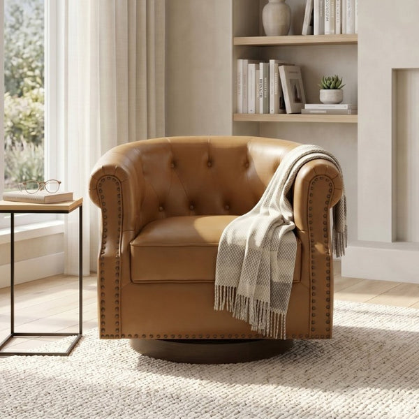 English Elm 360°Swivel Tufted PU Leather Barrel Club Chair with Bent Wood Base for Living Room Brown N763P468270D