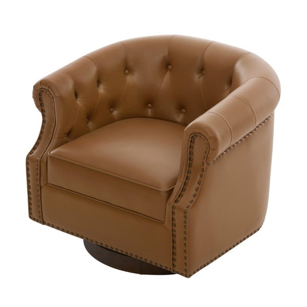 English Elm 360°Swivel Tufted PU Leather Barrel Club Chair with Bent Wood Base for Living Room Brown N763P468270D