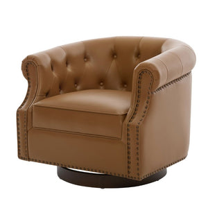 English Elm 360°Swivel Tufted PU Leather Barrel Club Chair with Bent Wood Base for Living Room Brown N763P468270D