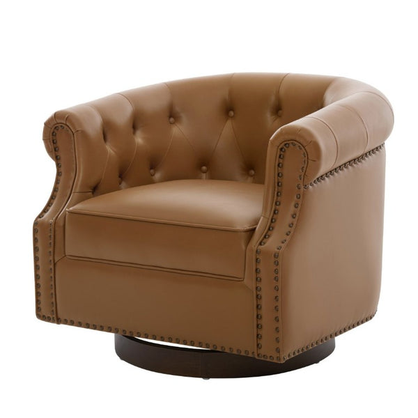 English Elm 360°Swivel Tufted PU Leather Barrel Club Chair with Bent Wood Base for Living Room Brown N763P468270D