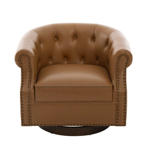English Elm 360°Swivel Tufted PU Leather Barrel Club Chair with Bent Wood Base for Living Room Brown N763P468270D