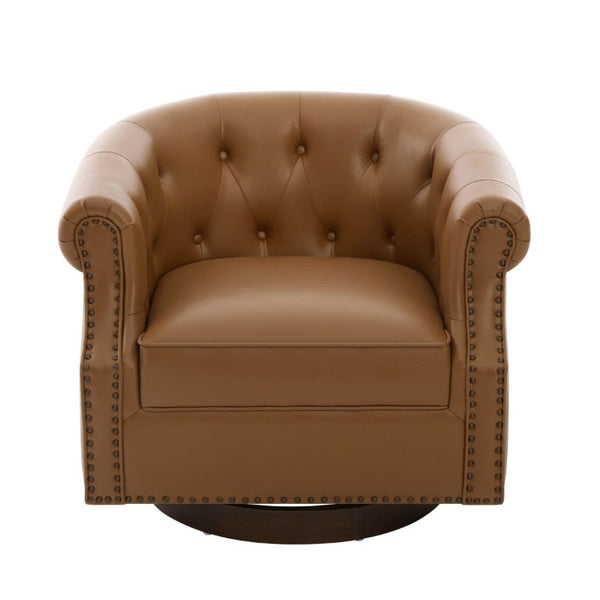 English Elm 360°Swivel Tufted PU Leather Barrel Club Chair with Bent Wood Base for Living Room Brown N763P468270D