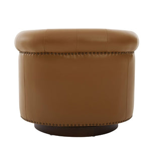 English Elm 360°Swivel Tufted PU Leather Barrel Club Chair with Bent Wood Base for Living Room Brown N763P468270D