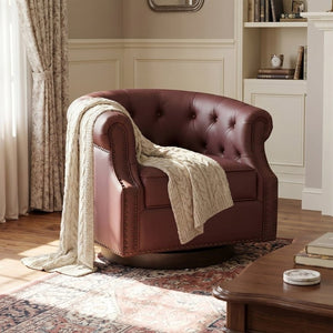 English Elm 360°Swivel Tufted PU Leather Barrel Club Chair with Bent Wood Base for Living Room Red N763P468270J