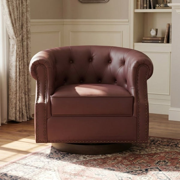 English Elm 360°Swivel Tufted PU Leather Barrel Club Chair with Bent Wood Base for Living Room Red N763P468270J