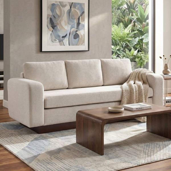 English Elm Modern Chenille Three Seat Sofa with Rubberwood Legs for Apartment Living Spaces Oatmeal N763P474868O