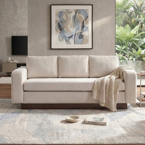 English Elm Modern Chenille Three Seat Sofa with Rubberwood Legs for Apartment Living Spaces Oatmeal N763P474868O