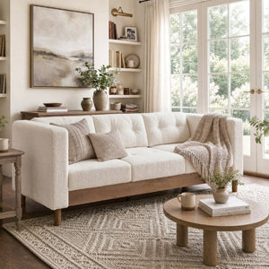 English Elm 78 Inch Three Seat Chenille Sofa Tufted Pillow Back Walnut Legs Living Room Beige N763P480705A