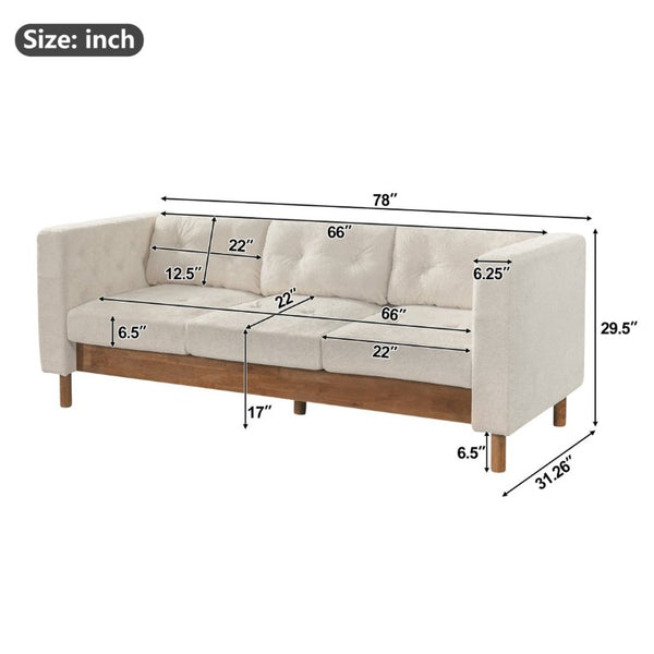 English Elm 78 Inch Three Seat Chenille Sofa Tufted Pillow Back Walnut Legs Living Room Beige N763P480705A