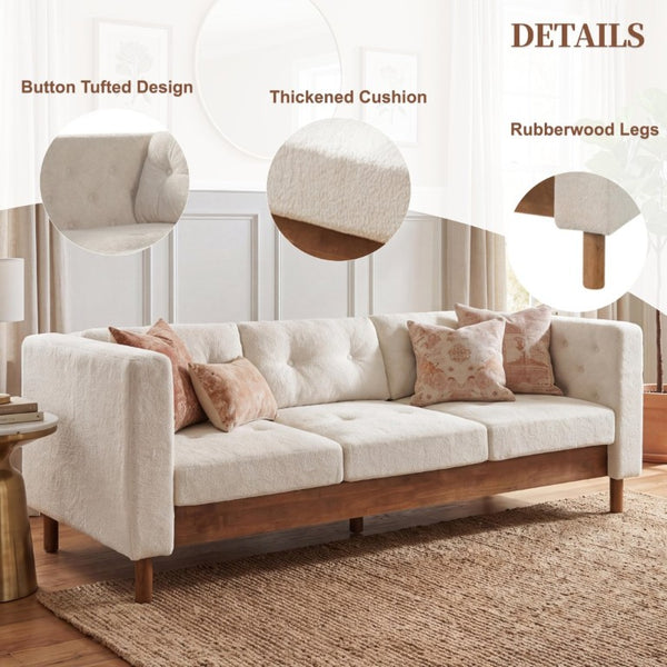 English Elm 78 Inch Three Seat Chenille Sofa Tufted Pillow Back Walnut Legs Living Room Beige N763P480705A