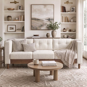English Elm 78 Inch Three Seat Chenille Sofa Tufted Pillow Back Walnut Legs Living Room Beige N763P480705A