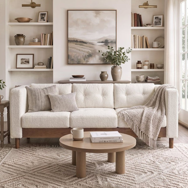 English Elm 78 Inch Three Seat Chenille Sofa Tufted Pillow Back Walnut Legs Living Room Beige N763P480705A