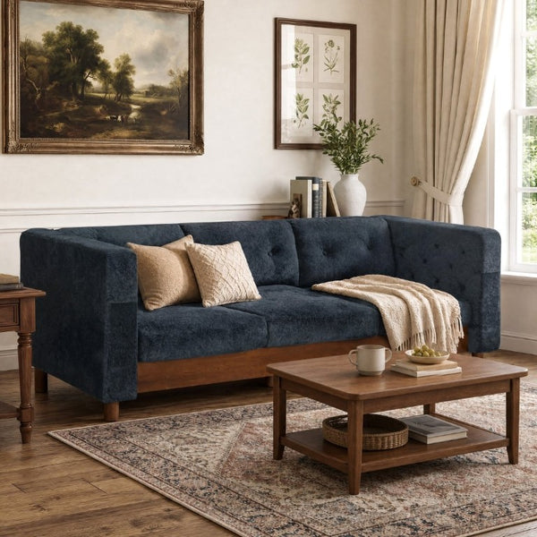 English Elm 78 Inch Three Seat Chenille Sofa Tufted Pillow Back Walnut Legs Living Room Blue N763P480705C