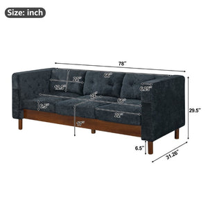 English Elm 78 Inch Three Seat Chenille Sofa Tufted Pillow Back Walnut Legs Living Room Blue N763P480705C
